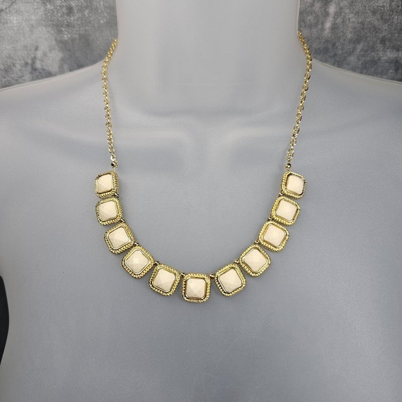 Square Station Necklace Cream Gems Goldtone Picture Frame Feminine Jewelry - Picture 8 of 8